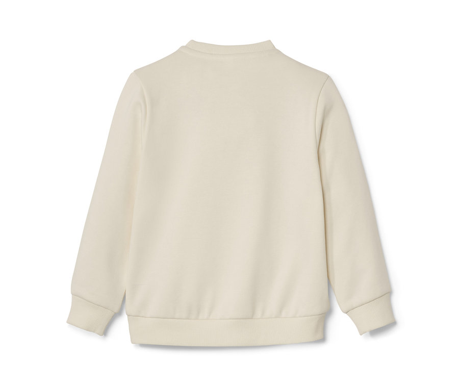 Beiger Kinder-Sweater mit Regenbogen-Applikation.