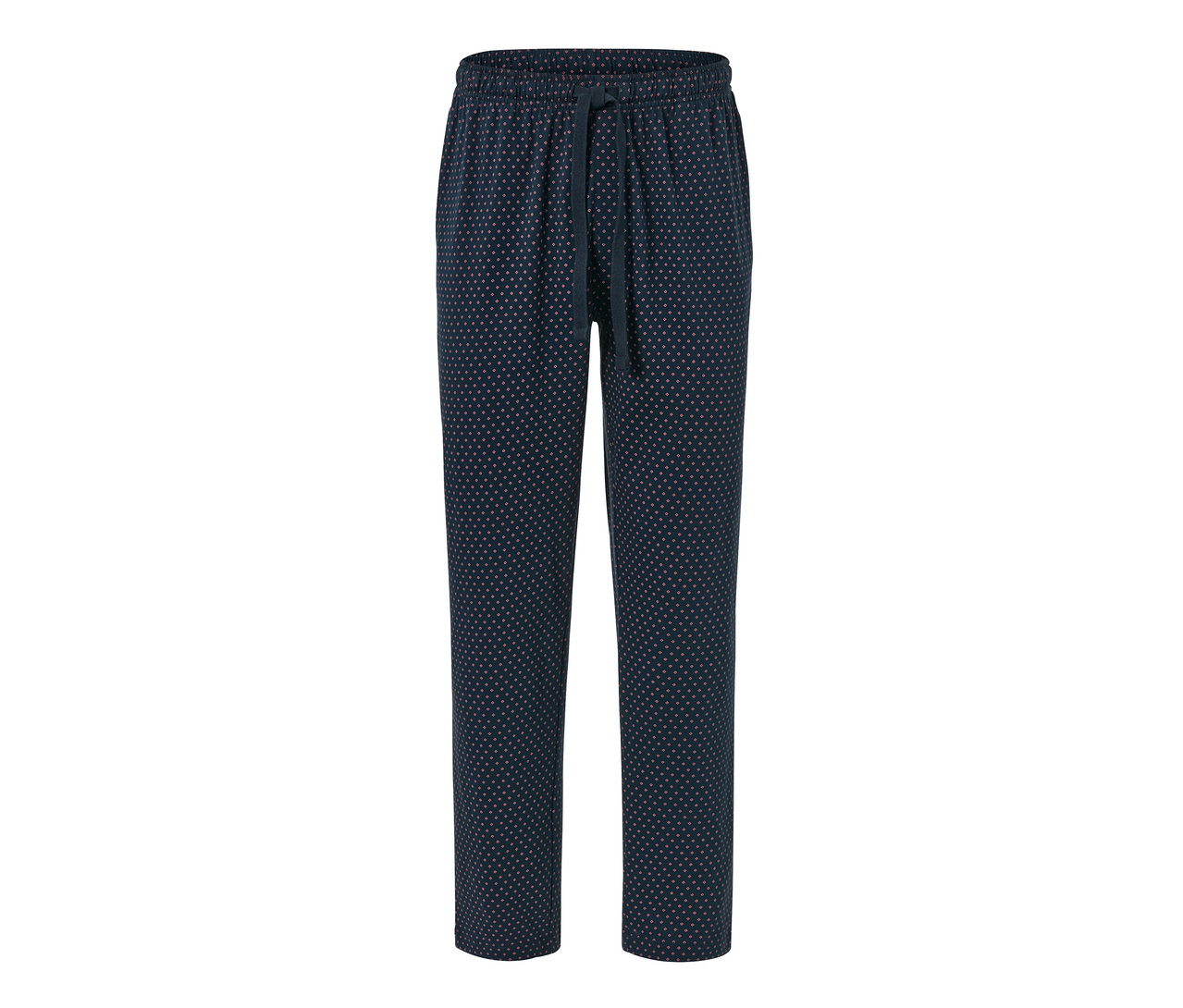 Marineblaue Relaxhose mit rosa Punkten.