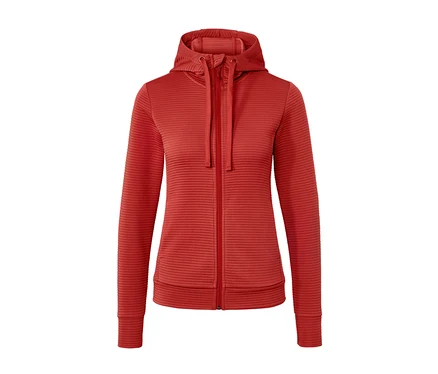Eine rote Kapuzenjacke mit Reißverschluss in der Mitte.