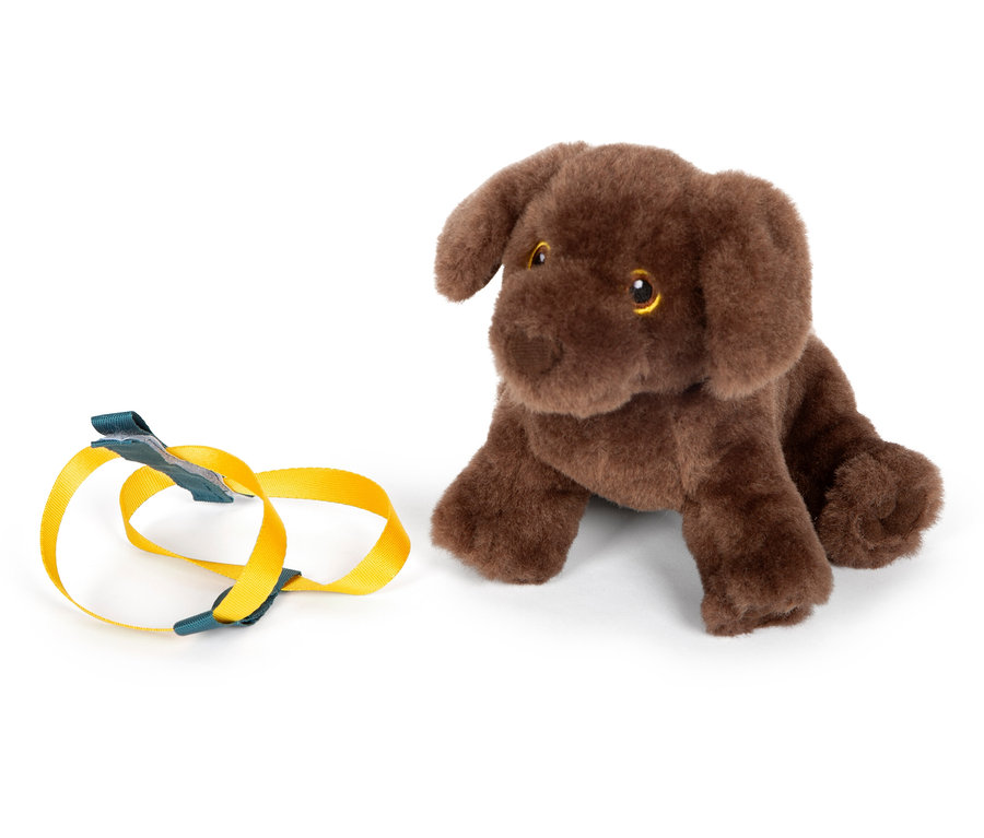 Ein brauner Plüschhund sitzt neben einer gelben Leine. small foot Hund mit Tasche und Pflege-Set