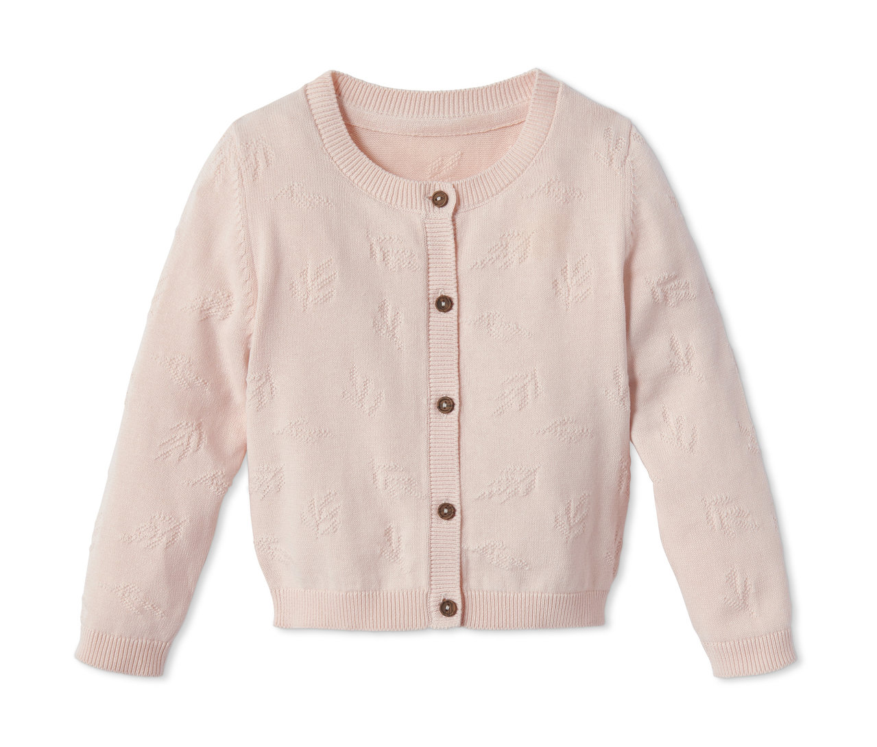 Rosa Baumwoll-Strickjacke mit braunen Knöpfen.