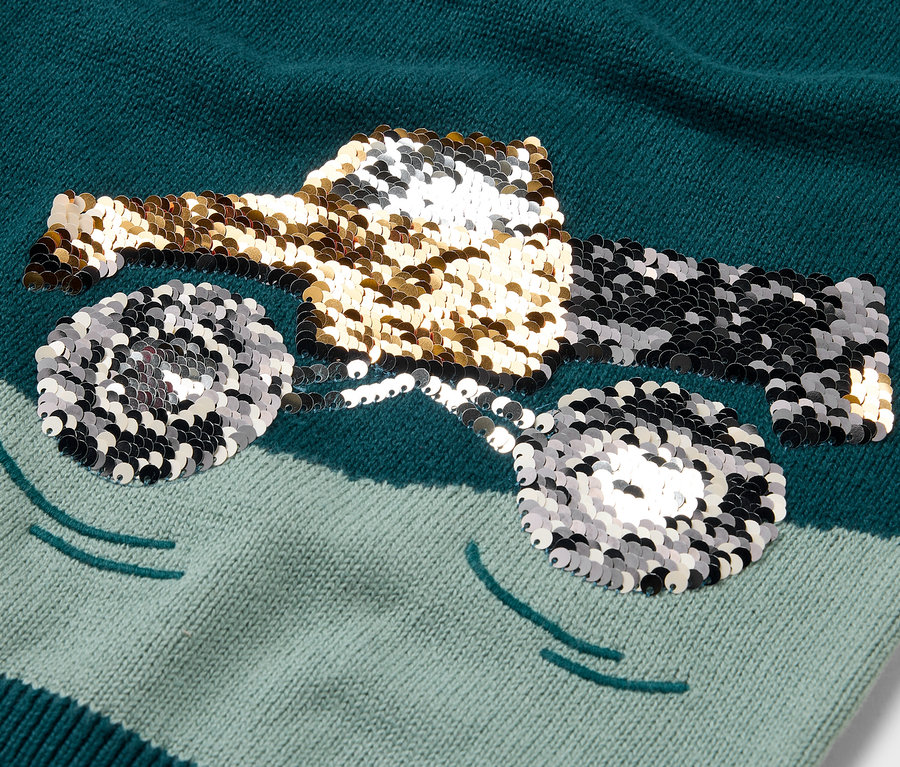 Detailansicht eines Kinder-Strickpullovers mit einem glitzernden Lastwagen-Motiv.