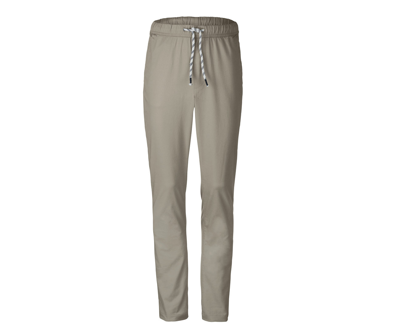 Eine beige Comfort-Chino Hose mit weißem Kordelzug am Bund.
