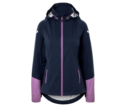Marineblaue Jacke mit lila Reißverschluss und lila Ärmelenden.