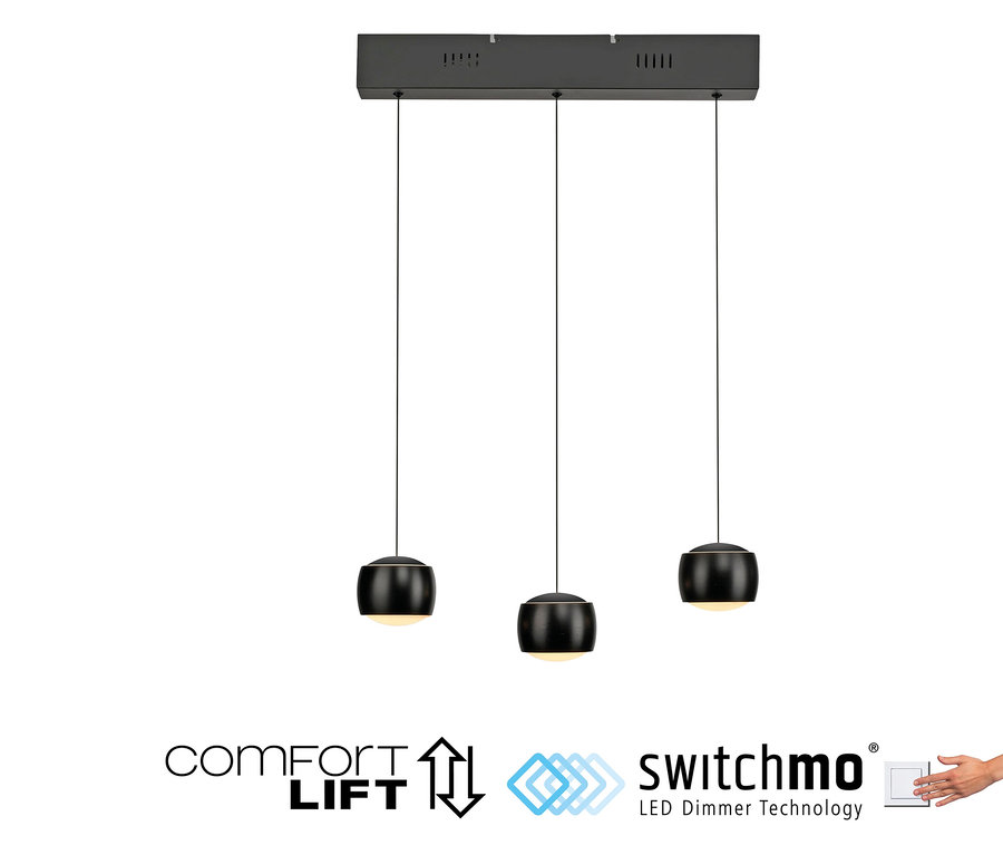 Schwarze Hängeleuchte mit drei Lampen.