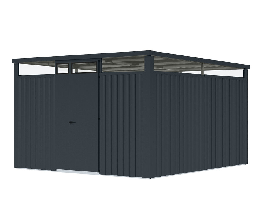 Karibu Metall-Gerätehaus vor weißem Hintergrund.