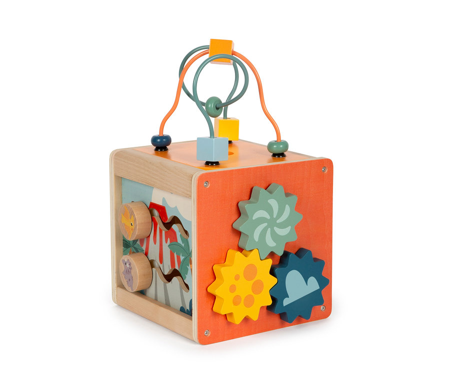 Holzwürfel "Dino" Motorikwürfel von Small Foot mit Perlenlabyrinth und Zahnrädern.