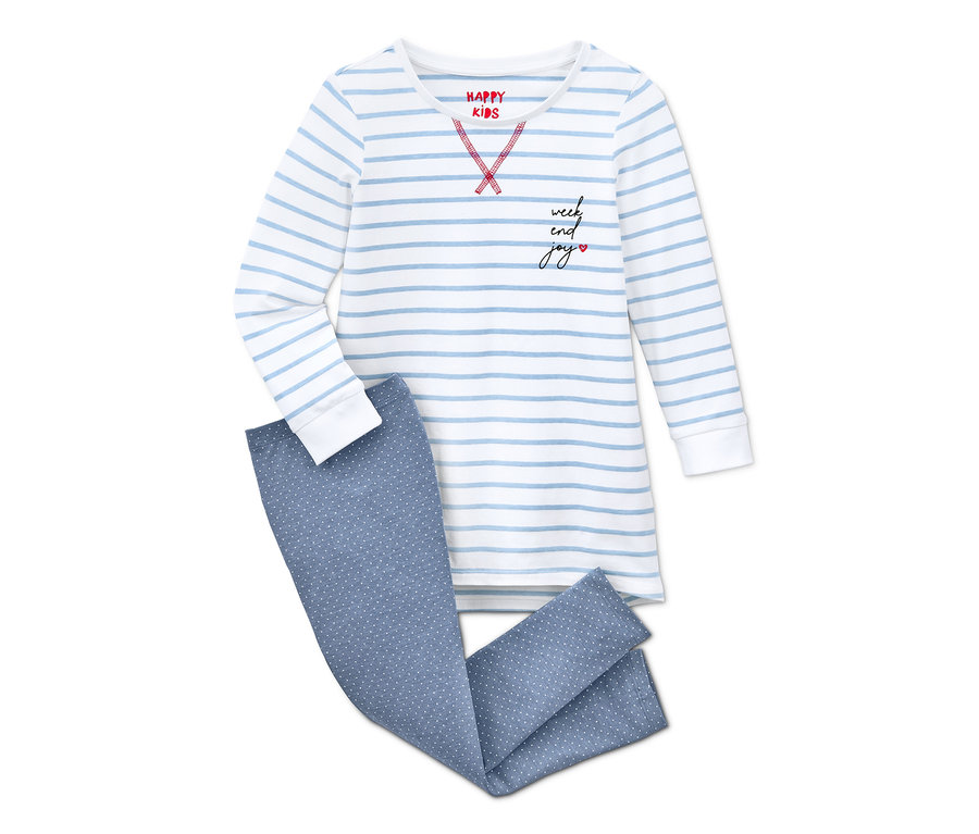Mädchen-Pyjama mit blauen Streifen und gepunkteter Hose.
