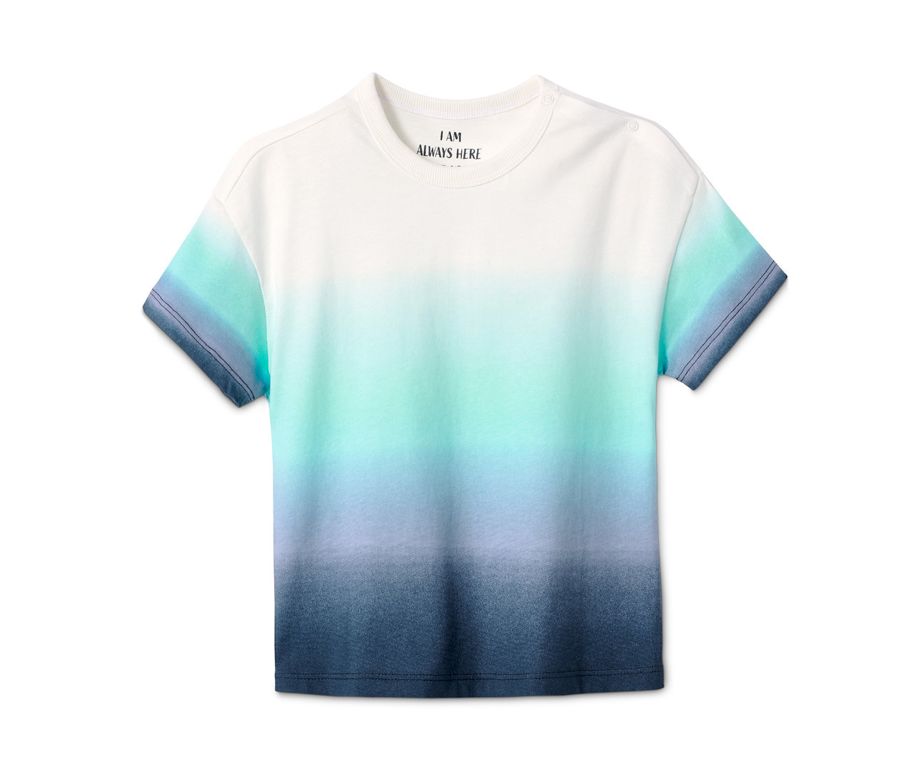 Weißes T-Shirt aus Bio-Baumwolle mit Farbverlauf von Weiß über Türkis nach Blau.