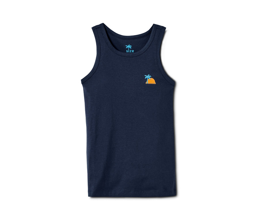 Dunkelblaues Tanktop mit kleinem Palmen- und Sonnenmotiv.