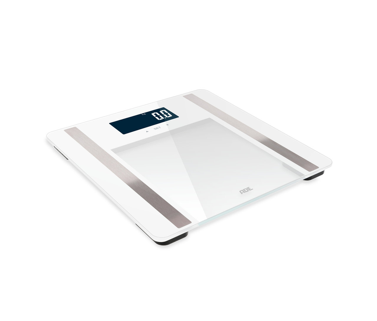 ADE digitale Personenwaage mit weißer Glasoberfläche und digitaler Anzeige, die 0,0 kg anzeigt.