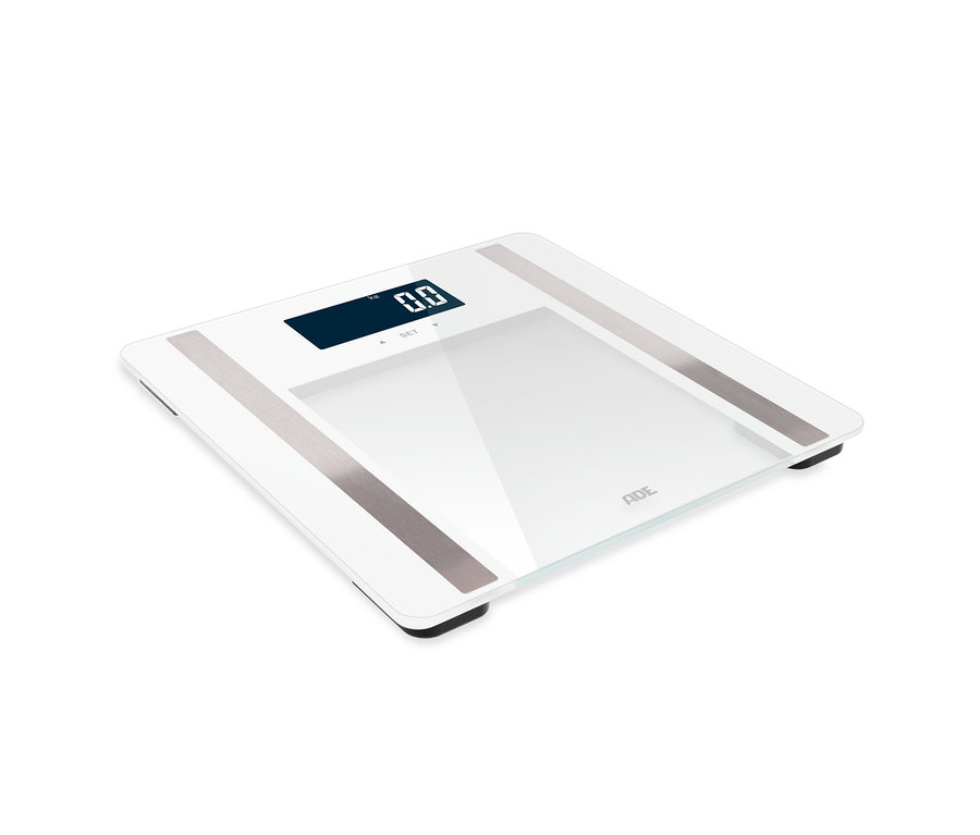 ADE digitale Personenwaage mit weißer Glasoberfläche und digitaler Anzeige, die 0,0 kg anzeigt.