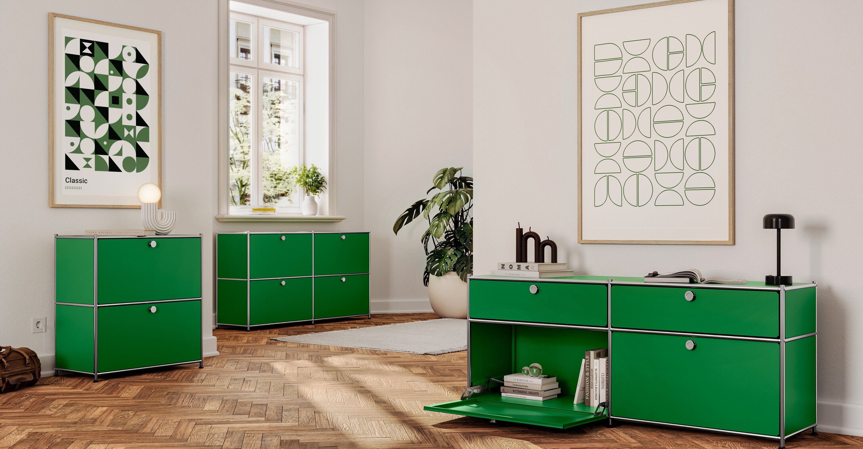 Wohnzimmer mit grünen Metall Sideboards »CN3« mit Klappfächern und Chromrahmen.