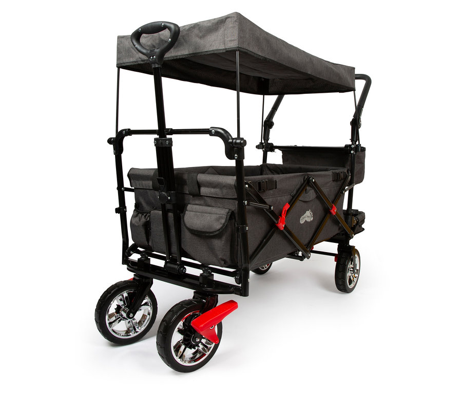 Ein grauer Bollerwagen mit Dach und Regencover von small foot vor einem weißen Hintergrund.