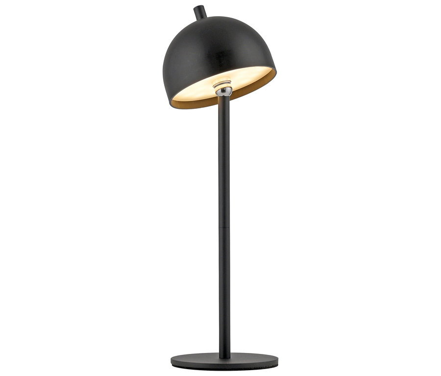 Eine schwarze Tischleuchte mit rundem Schirm und rundem Fuß.