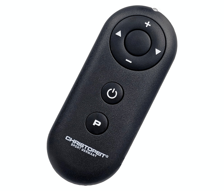Schwarze Fernbedienung mit runden Tasten, möglicherweise für ein Laufband 2 in 1 in Holzoptik.