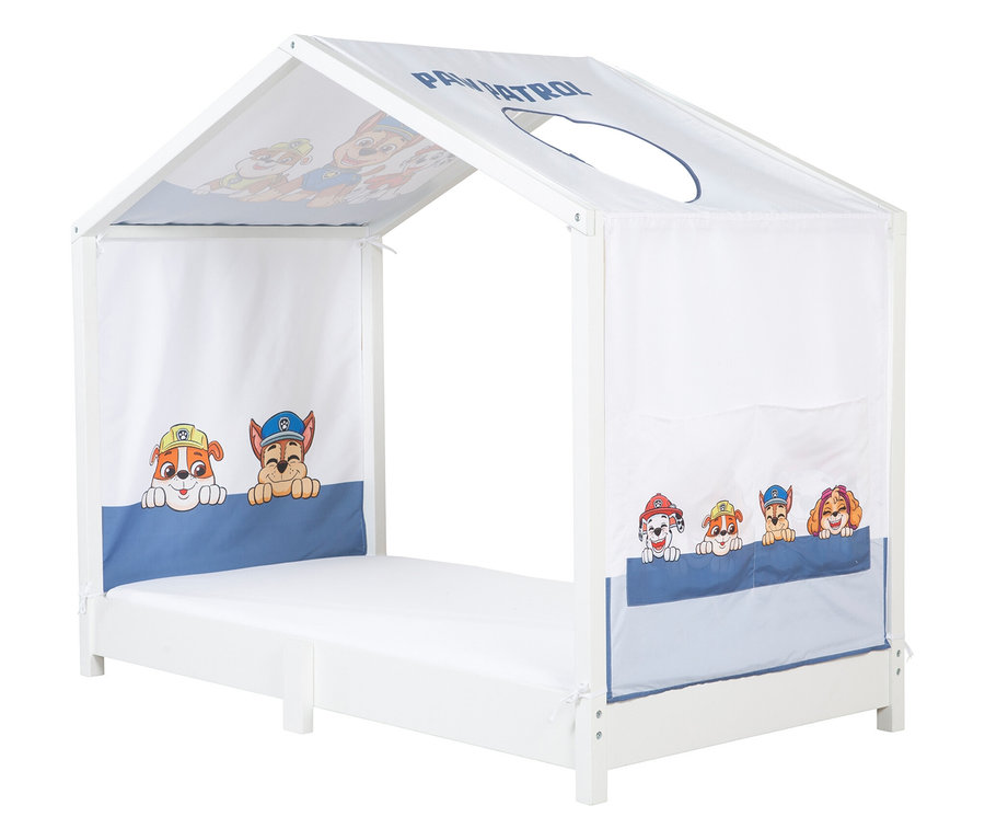 Weißes Paw Patrol Kinderhausbett mit Paw Patrol Figuren auf dem Dach und an den Seiten.