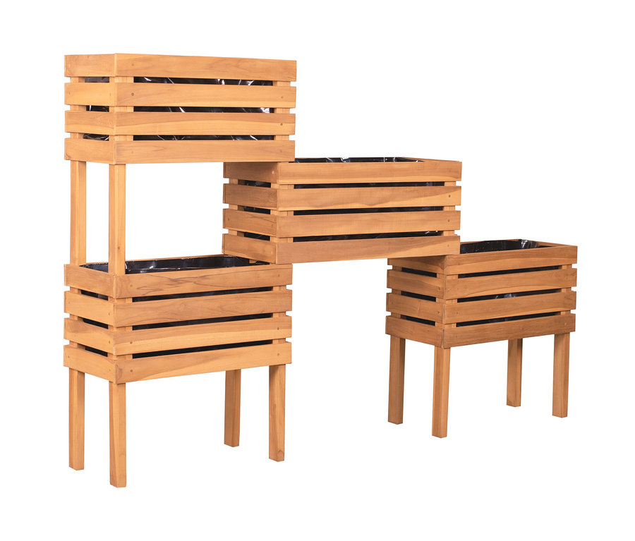 Ein dreistufiges deVries Hochbeet aus Holz mit schwarzem Inneneinsatz.