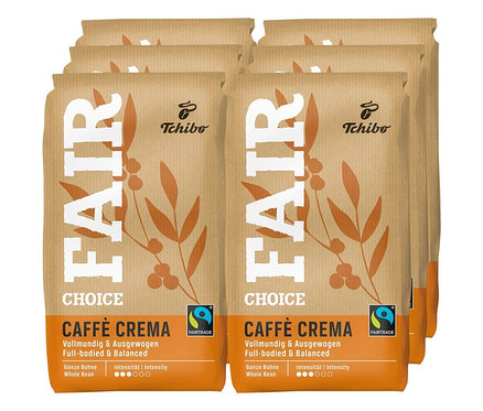 Sechs Packungen Fair Choice Caffè Crema - 6x 1 kg ganze Bohne.