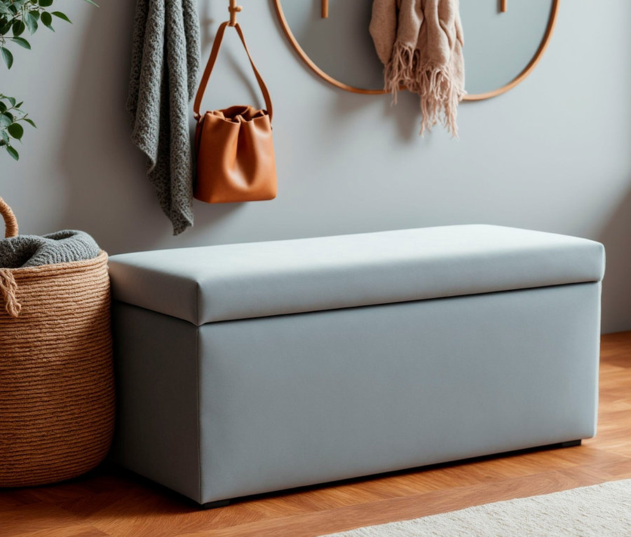 Eingangsbereich mit hellblauem DOMO Hocker mit Staufach, Weidenkorb und einer braunen Handtasche an der Wand.