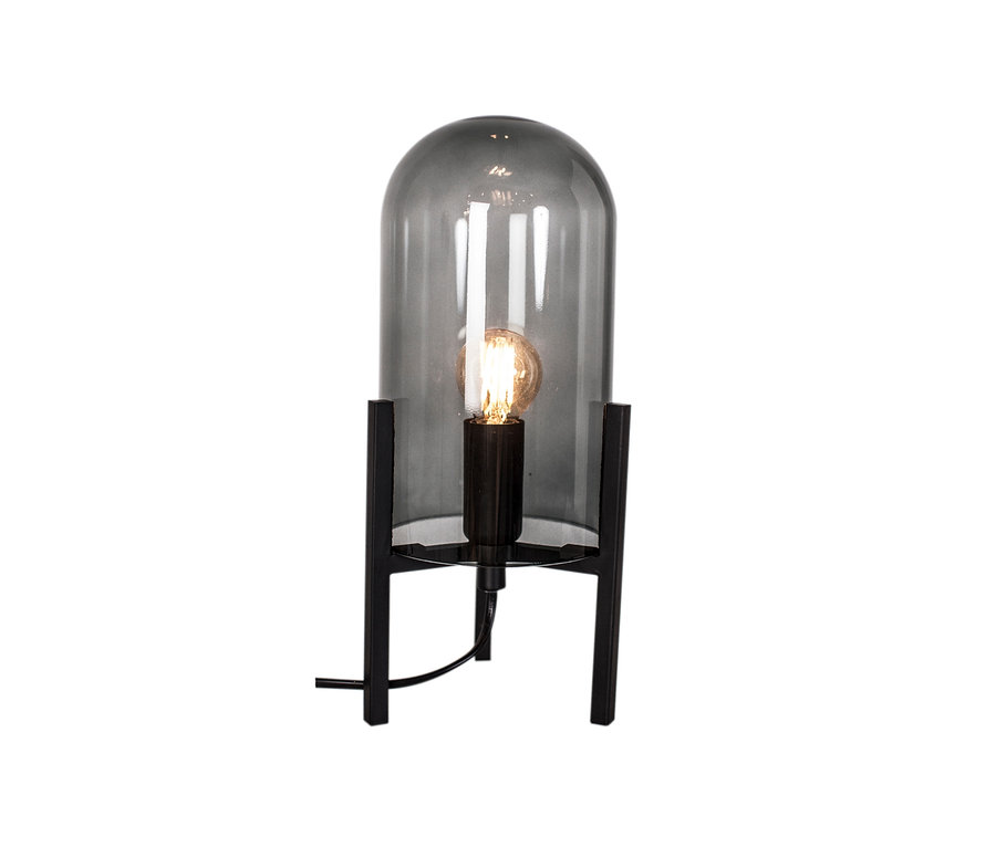 Tischleuchte mit Glasschirm und Metallfuß.