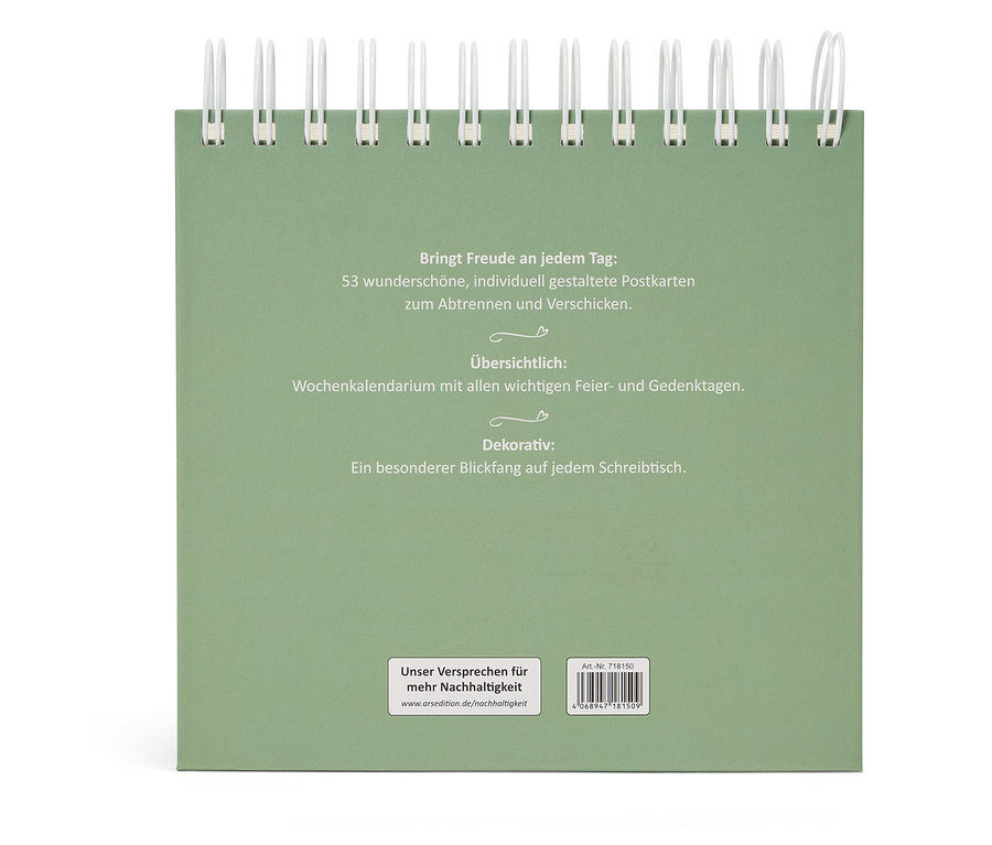 Grüner Kalender mit weißer Spirale oben.