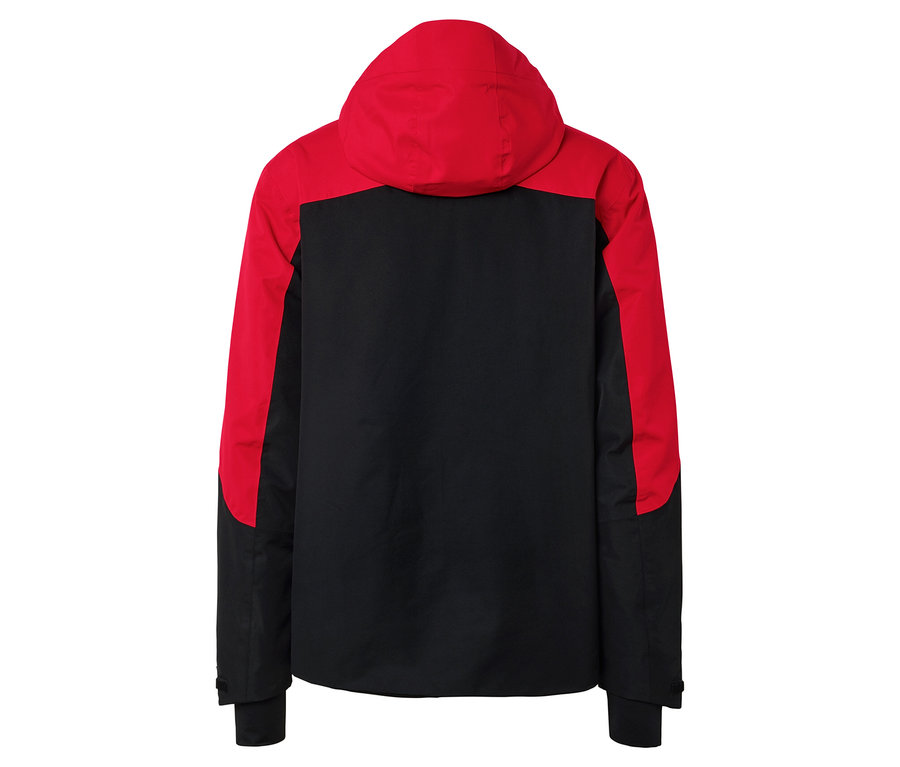 Rückansicht einer schwarzen Jacke mit roter Kapuze und Ärmeln.