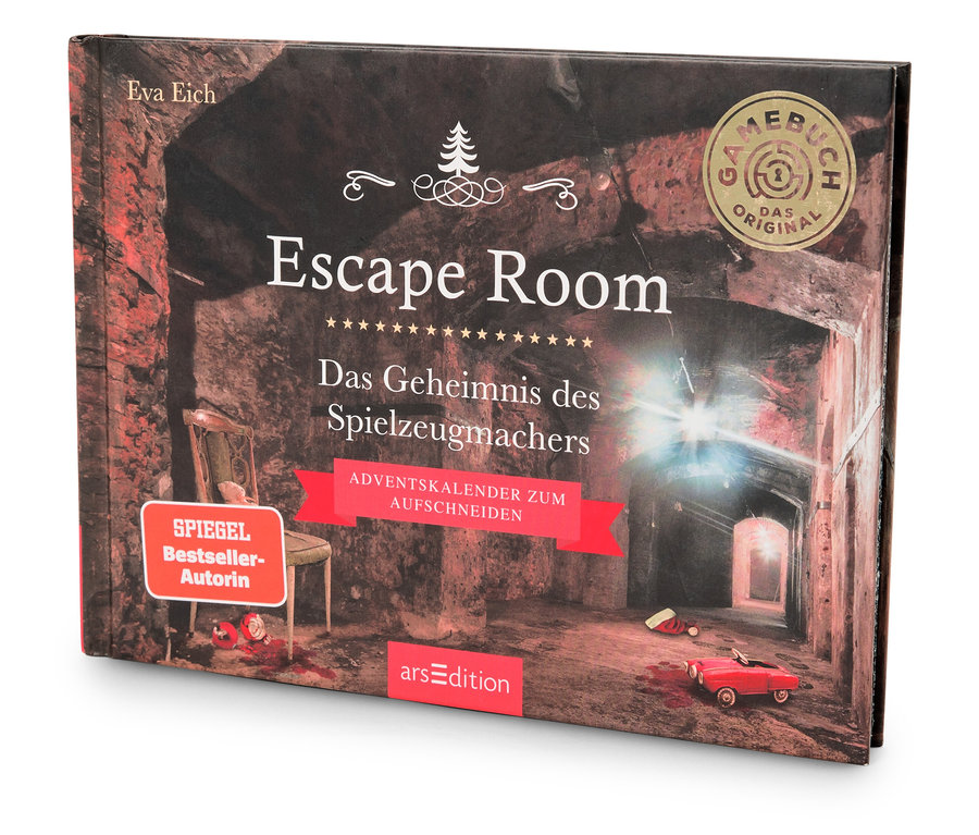 Buch „Escape Room: Das Geheimnis des Spielzeugmachers“ von Eva Eich. Das Cover zeigt eine Illustration eines Innenraums mit Stuhl und Tunnel.