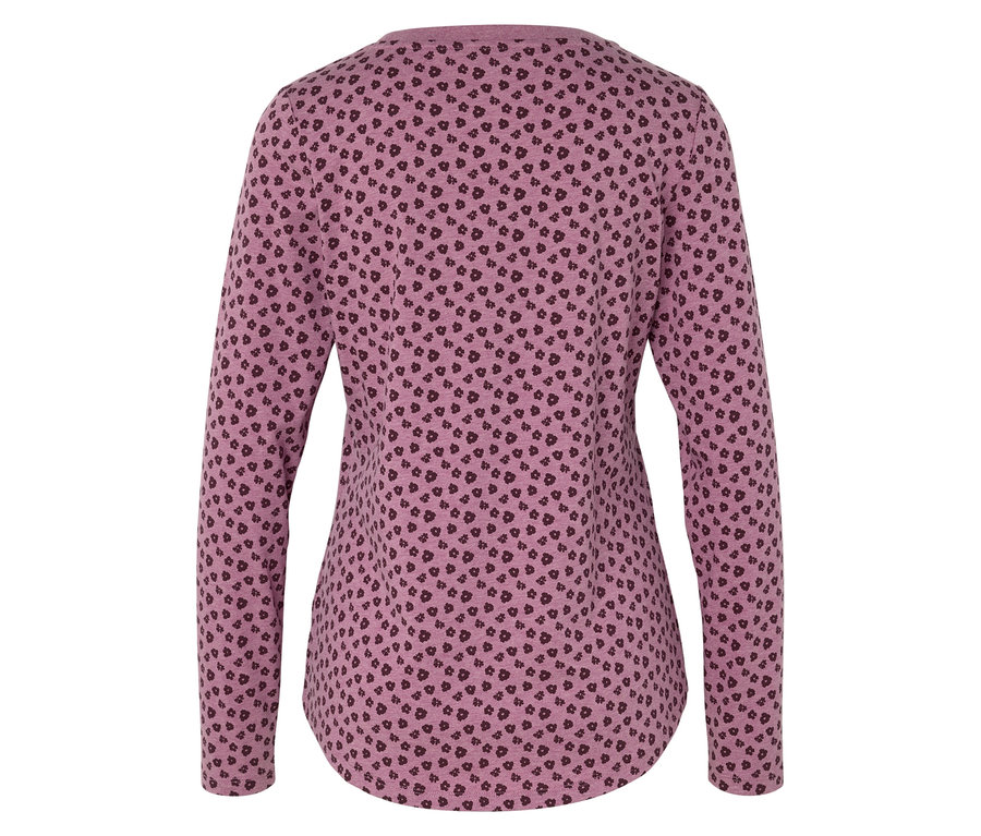 Rückansicht eines rosa Langarmshirts mit dunkelviolettem Herzmuster.