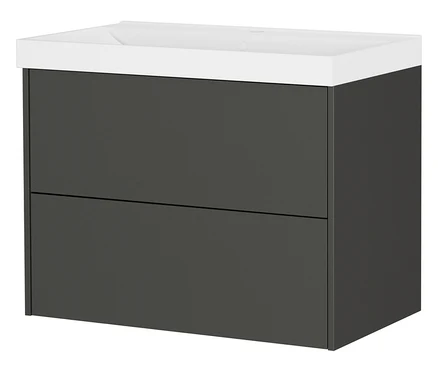 Dunkelgrauer Waschtischunterschrank mit zwei Schubladen und einem weißen Waschbecken.