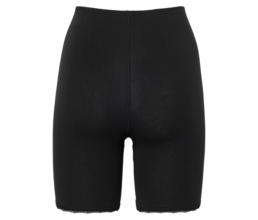 Schwarze, hoch taillierte Shapewear-Shorts mit Spitzenbesatz am Beinabschluss, von hinten aufgenommen.
