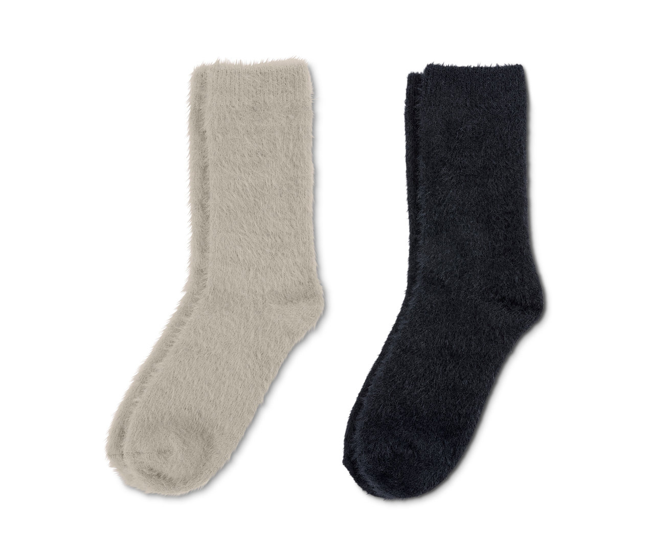 Zwei Paar flauschige Kuschelsocken mit Effektgarn in Creme und Schwarz.