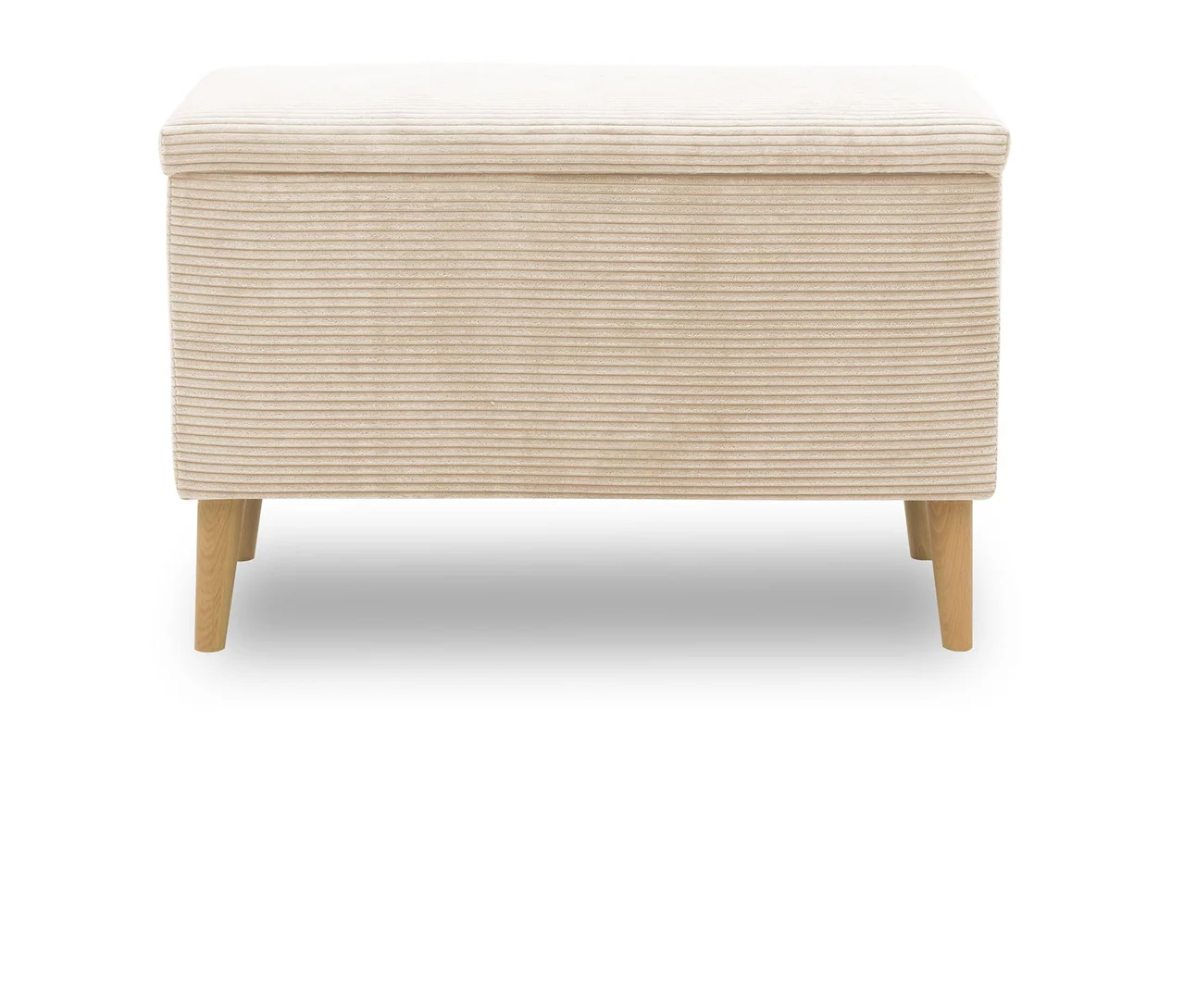 Cremefarbener DOMO Hocker mit Staufach vor weißem Hintergrund.