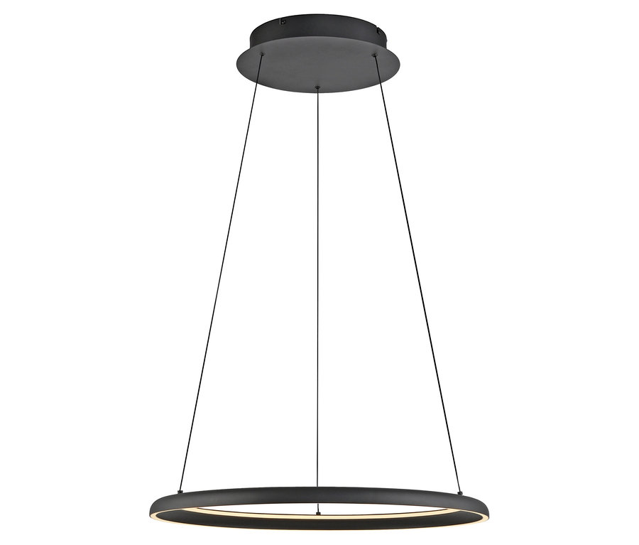 Eine schwarze, kreisförmige Pendelleuchte hängt an drei dünnen Drähten.