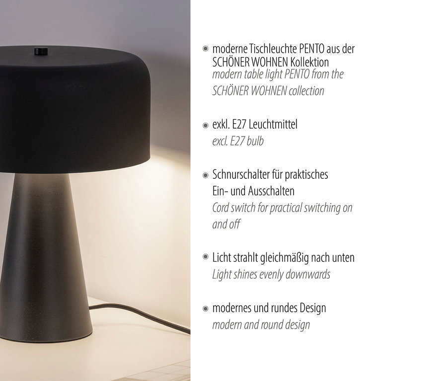 Detailaufnahme einer modernen schwarzen PENTO Tischleuchte aus der SCHÖNER WOHNEN Kollektion. Die Lampe hat einen runden Schirm und einen konischen Fuss.