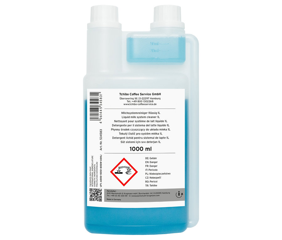 Vorderansicht einer Flasche flüssigen Milchsystemreinigers 1L.