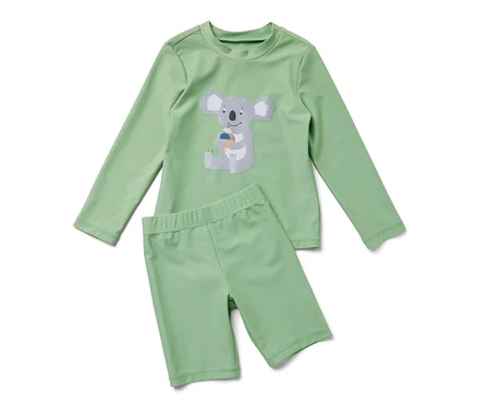Grünes Kinder-Kombi mit UV-Schutzfaktor 80, Koala-Motiv auf dem Oberteil.