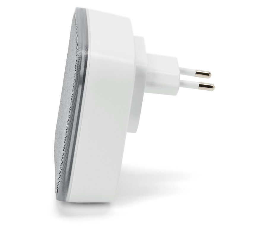 Detailansicht einer Funktürklingel mit weißem Kunststoffgehäuse und Stecker.