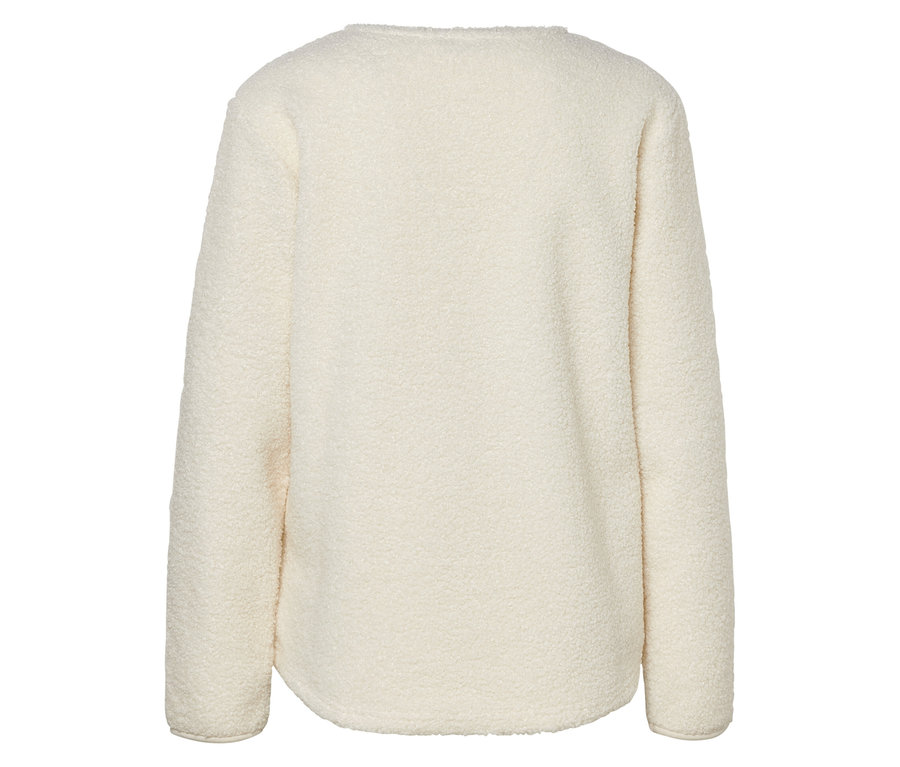 Detailansicht der Rückseite eines cremefarbenen Fleece-Pullovers mit langen Ärmeln.