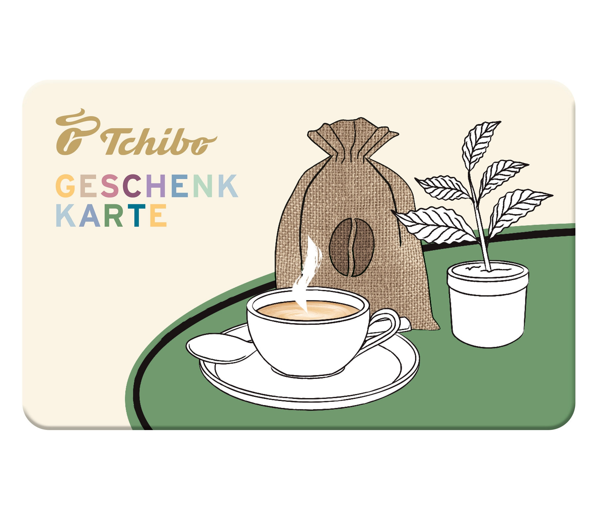 Illustration einer Geschenkkarte mit Kaffee, Kaffeebohne in einem Jutesack und Pflanze.