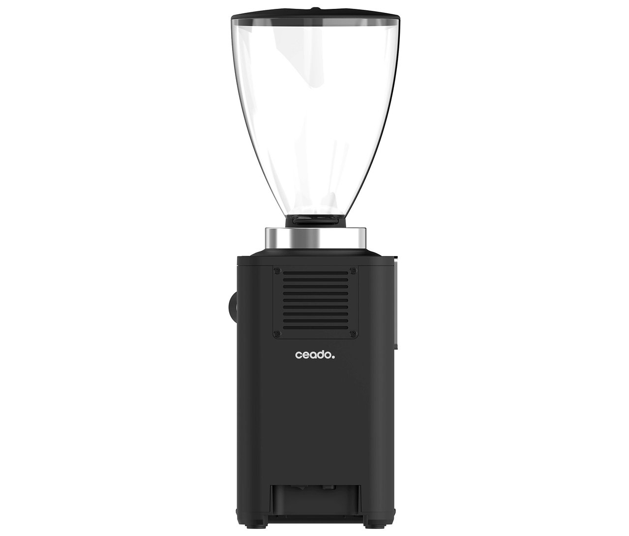 Schwarze Ceado Kaffeemühle mit transparentem Behälter auf weißem Hintergrund.