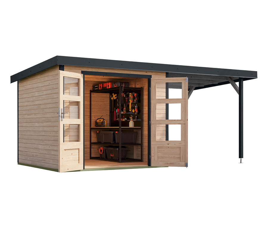 Geöffnetes Karibu Gerätehaus »Venus B« mit Anbaudach, 19 mm, naturfarben, mit Werkzeugregal im Inneren.