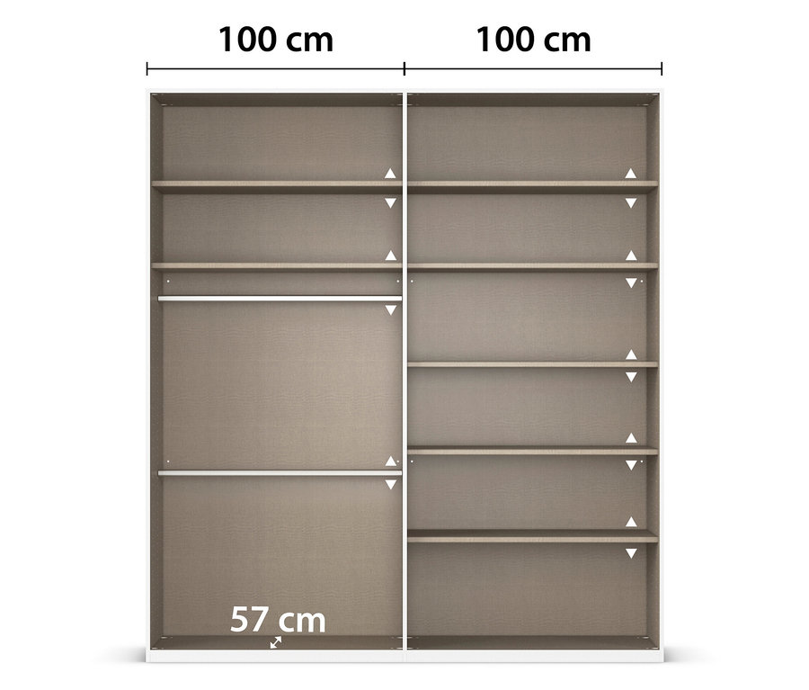 Draufsicht eines zweitürigen Schranks mit mehreren Regalen, wobei die Maße 100 cm x 100 cm und 57 cm angegeben sind.