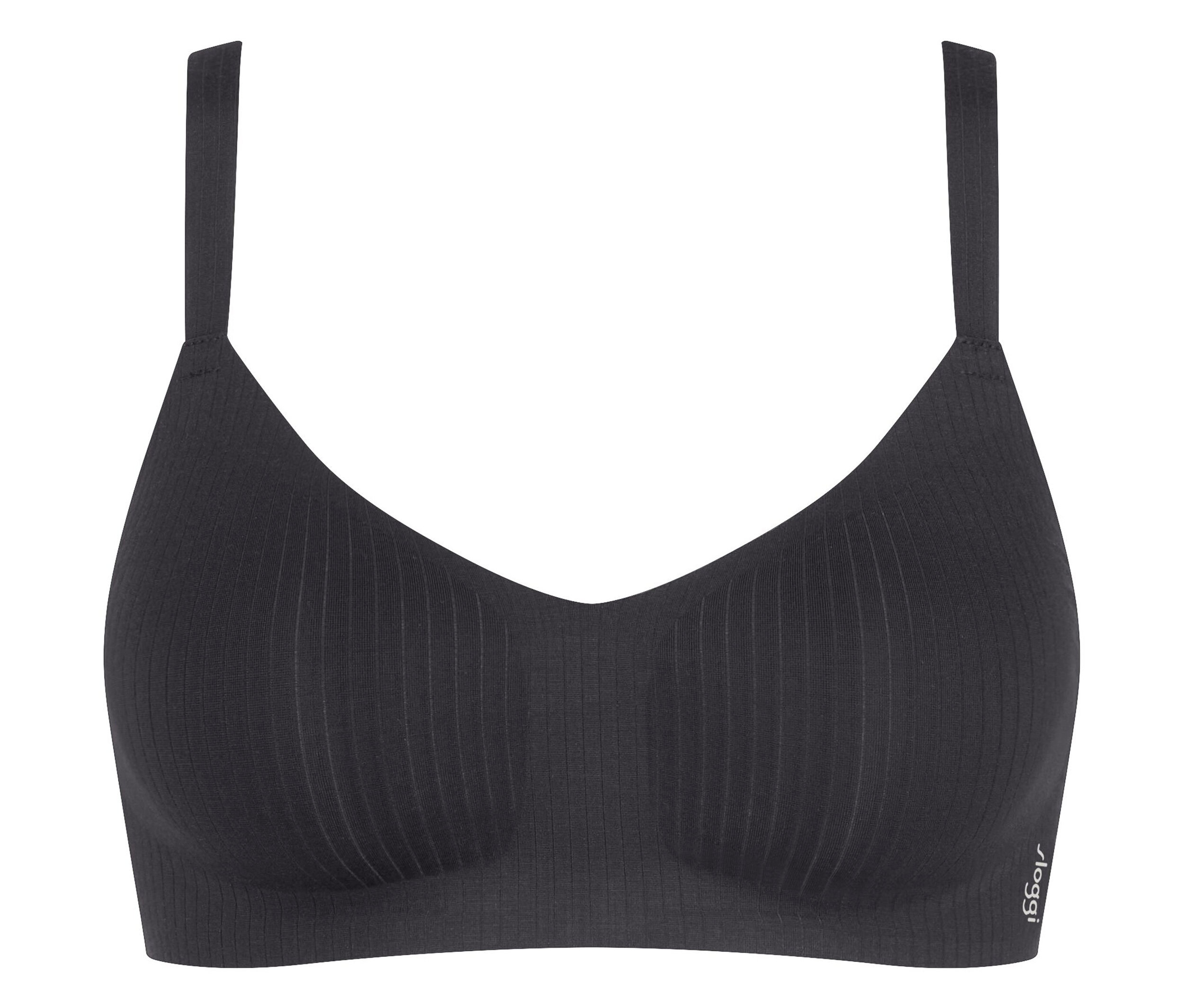 Schwarzer BH mit dünnen Trägern und vertikalem Rippmuster.
