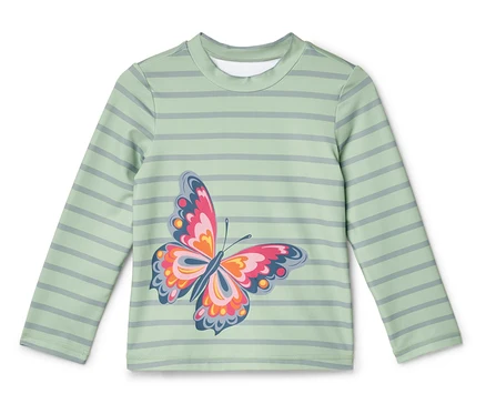 Langärmliges, hellgrün gestreiftes Hemd mit aufgedrucktem Schmetterling.
