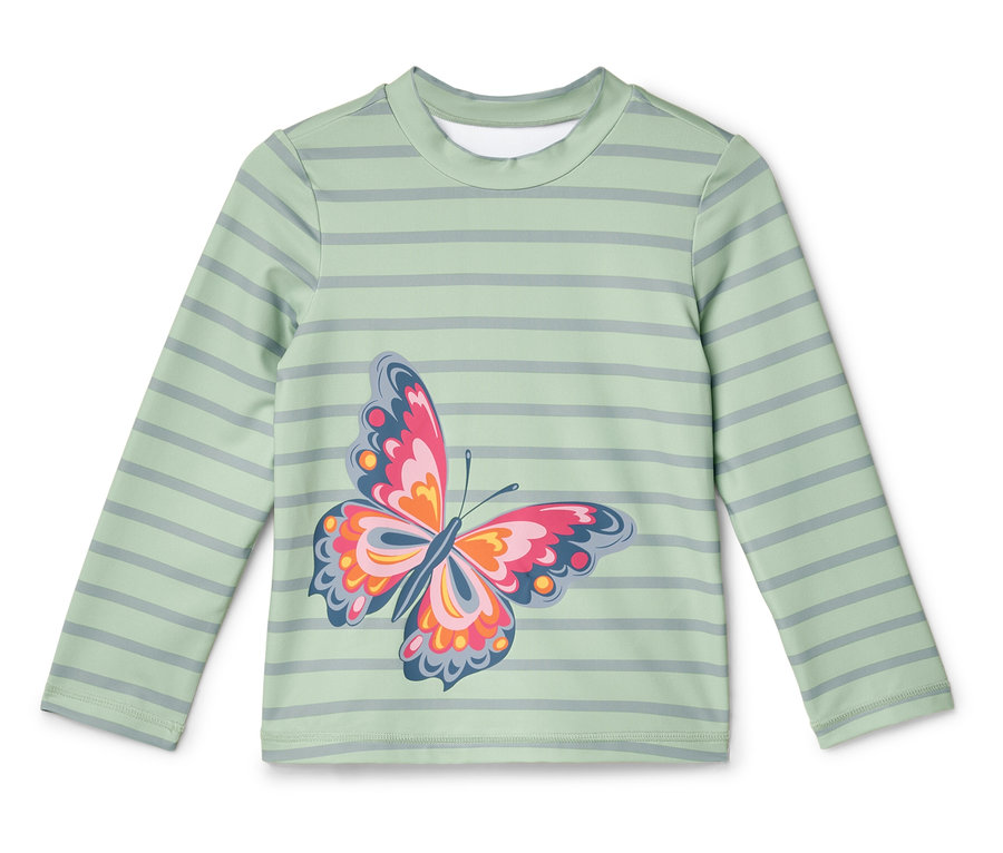Langärmliges, hellgrün gestreiftes Hemd mit aufgedrucktem Schmetterling.