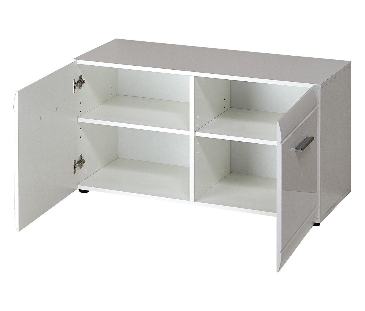 Geöffnete, weiße Schuhbank »ADANA« mit vier Fächern.