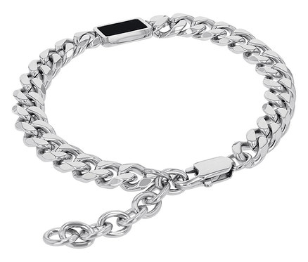 Silbernes Armband mit einem schwarzen, rechteckigen Anhänger, ein Amor Unisex-Armschmuck.