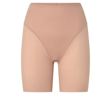 Beige Shapewear-Shorts mit hoher Taille und transparenten Beinen.
