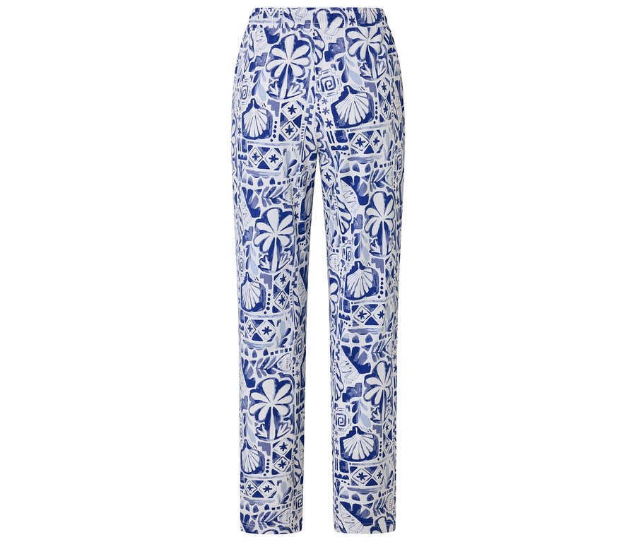 Blaue und weiße Hose mit Palmen- und Muschelmuster.